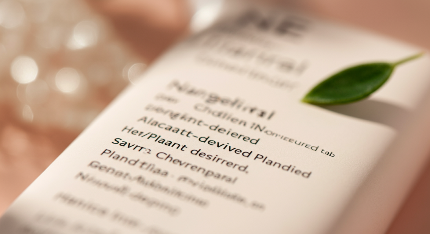 パステルカラーのミニマルな写真。消臭スプレーのラベルに書かれた成分表のクローズアップ。「天然」「植物由来」の文字にピントが合っている。