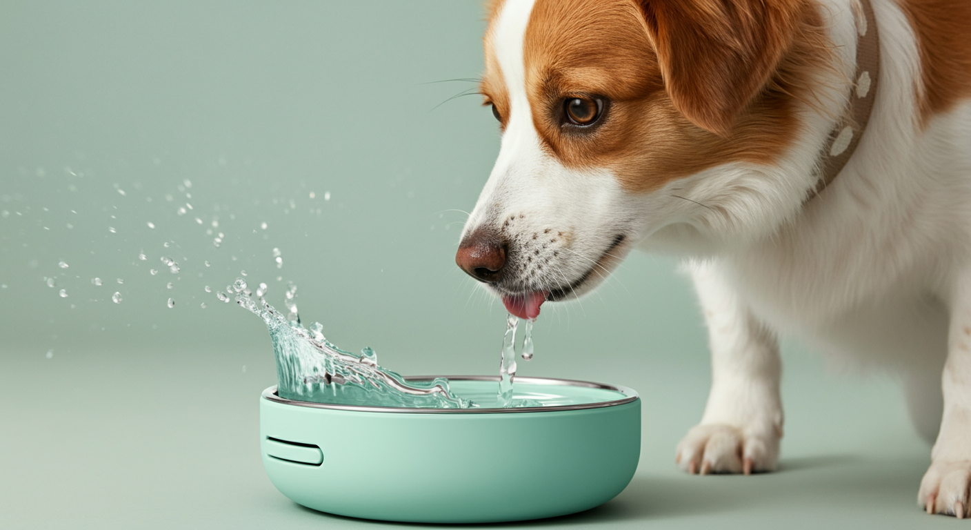 パステルグリーンの携帯用ウォーターボウルから犬が水を飲んでいるクローズアップ写真。水しぶきが美しく飛び散っている。