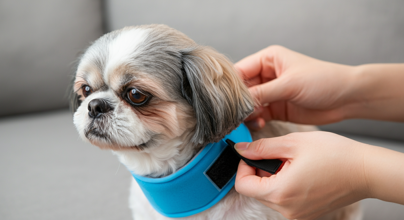 シニアのシーズーの首に、マジックテープ式のクールネックを優しく着けてあげている飼い主の手元。