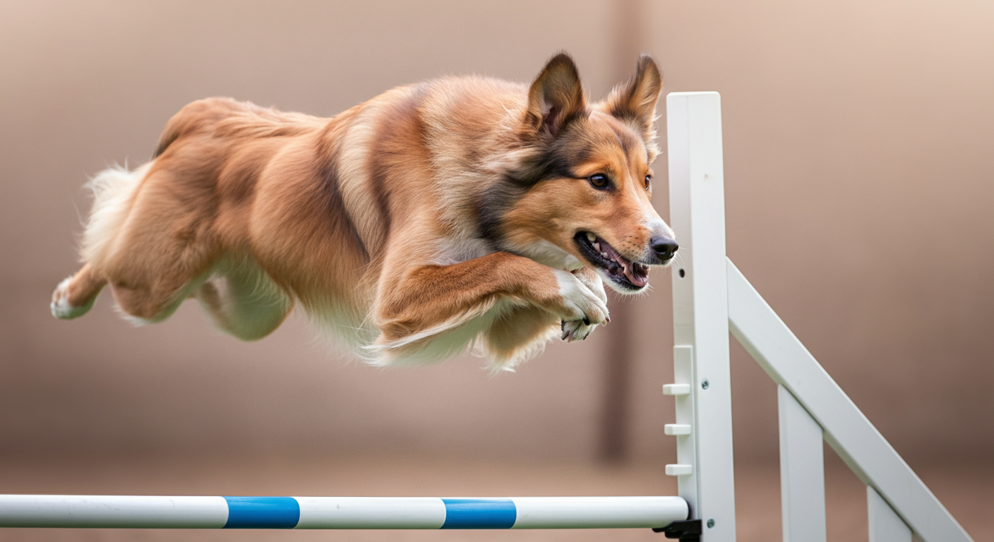 アジリティのハードルを飛び越える犬の、力強い足の筋肉のクローズアップ。