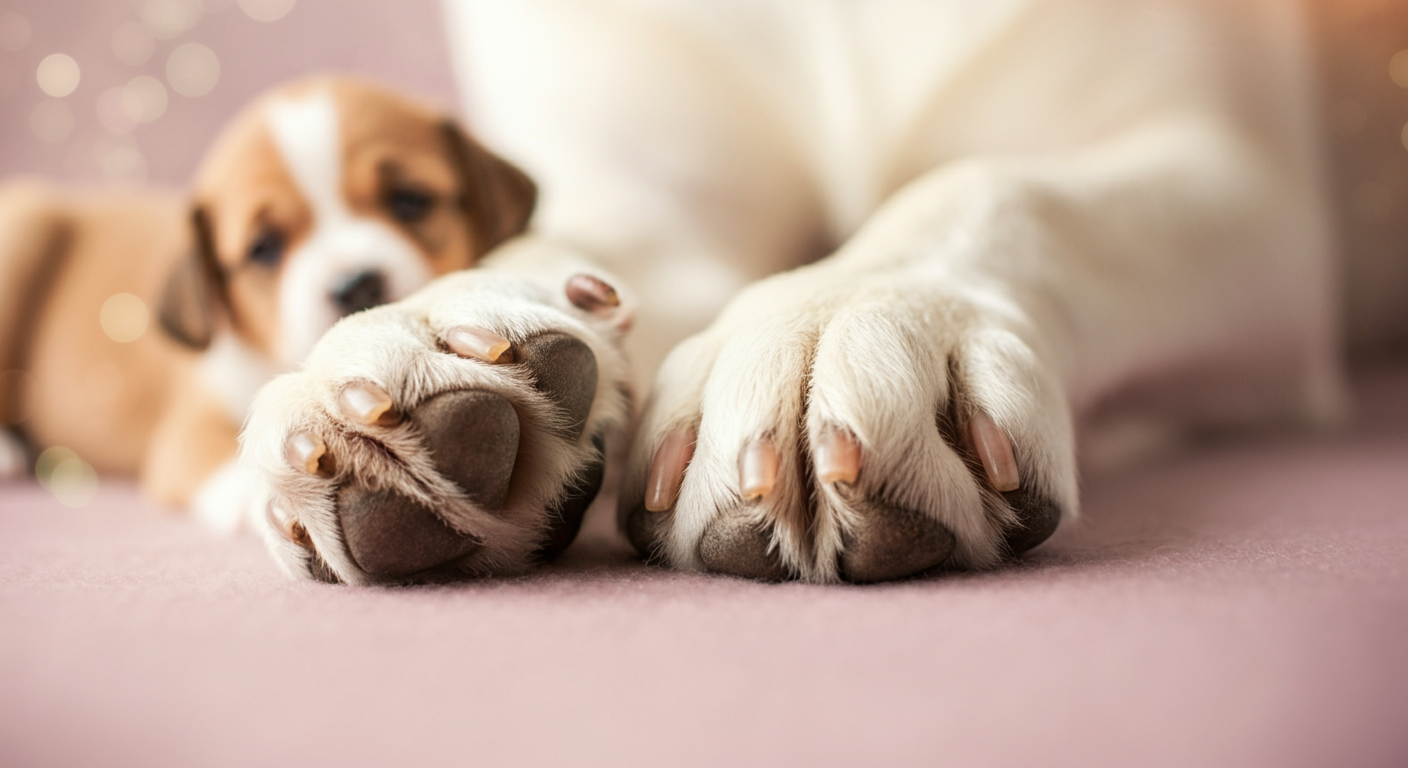 成犬の大きな足の横に、子犬の小さな足が並んで置かれている写真。成長とライフステージを象徴している。