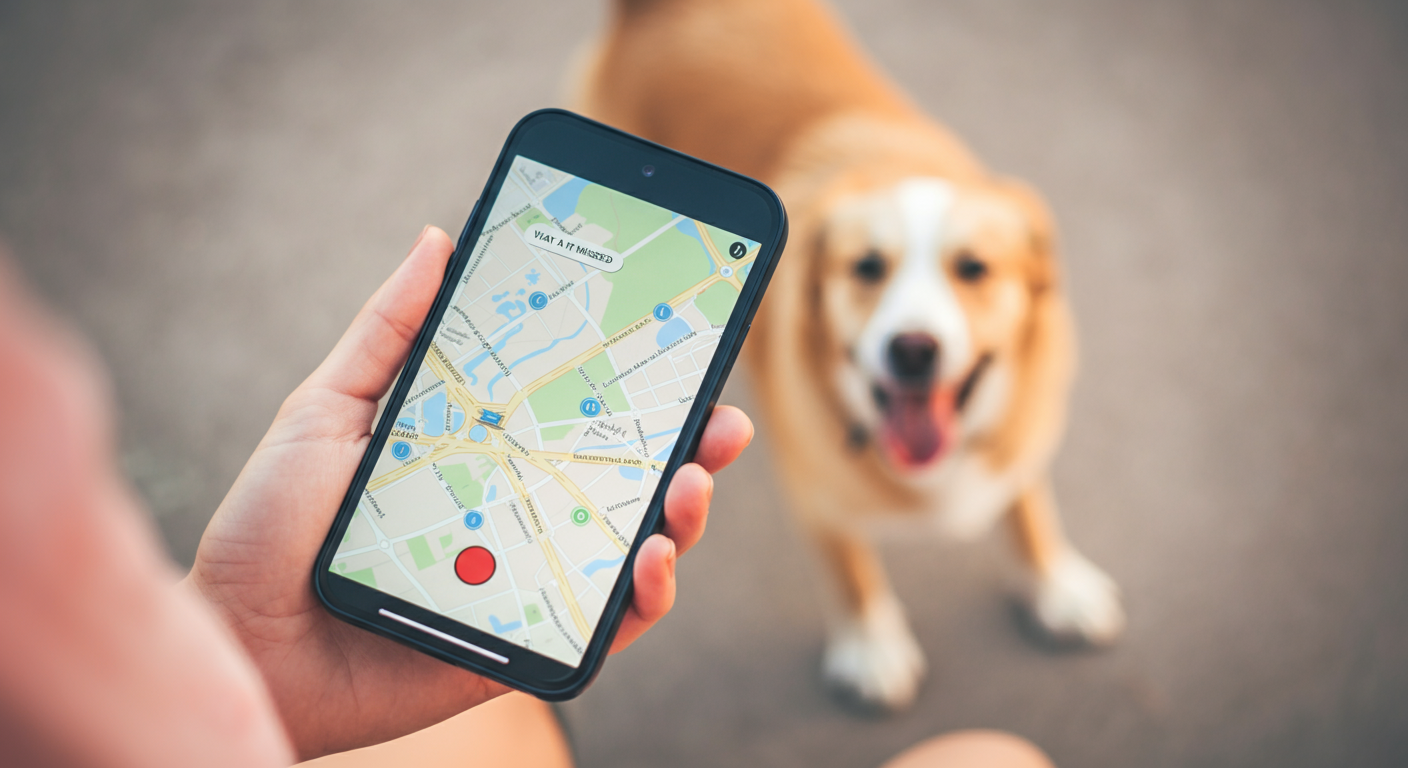 スマートフォンの地図を見つめる飼い主と、その背景で楽しそうに遊ぶ犬の姿を対比させた写真。