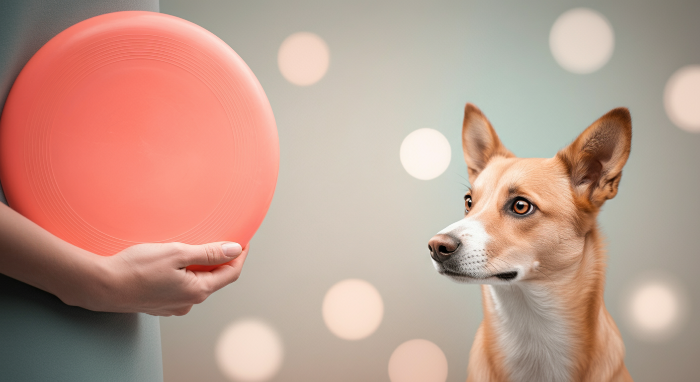 飼い主がコーラルピンクのフリスビーを背中に隠し、犬が「それは何?」と興味津々な表情で見つめている写真。