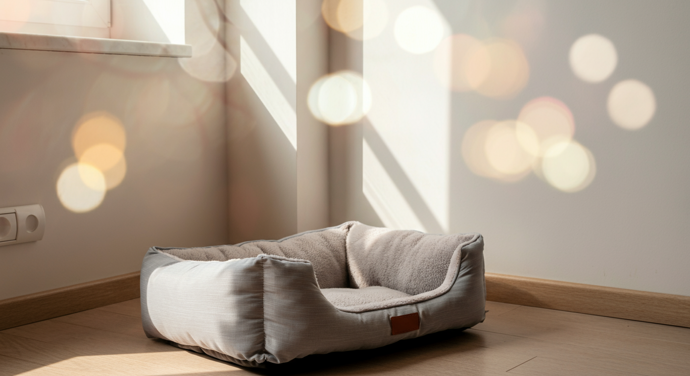 日当たりの良い部屋の隅に置かれた、快適そうなグレーの整形外科用ドッグベッド。