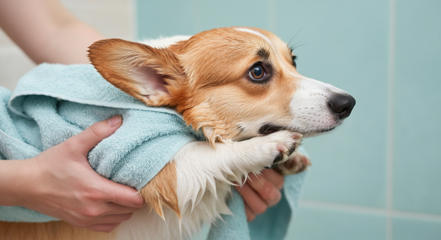 お風呂上がりのコーギーの足を、人が淡い青色のタオルで優しく包んでいるクローズアップ写真。