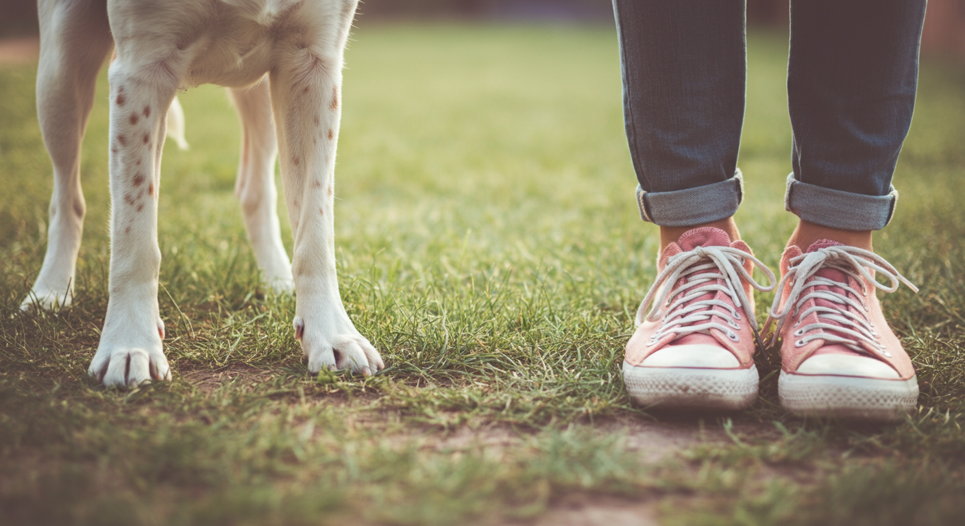 ドッグランの入り口で、飼い主の足元に落ち着いて待っている犬の足元。