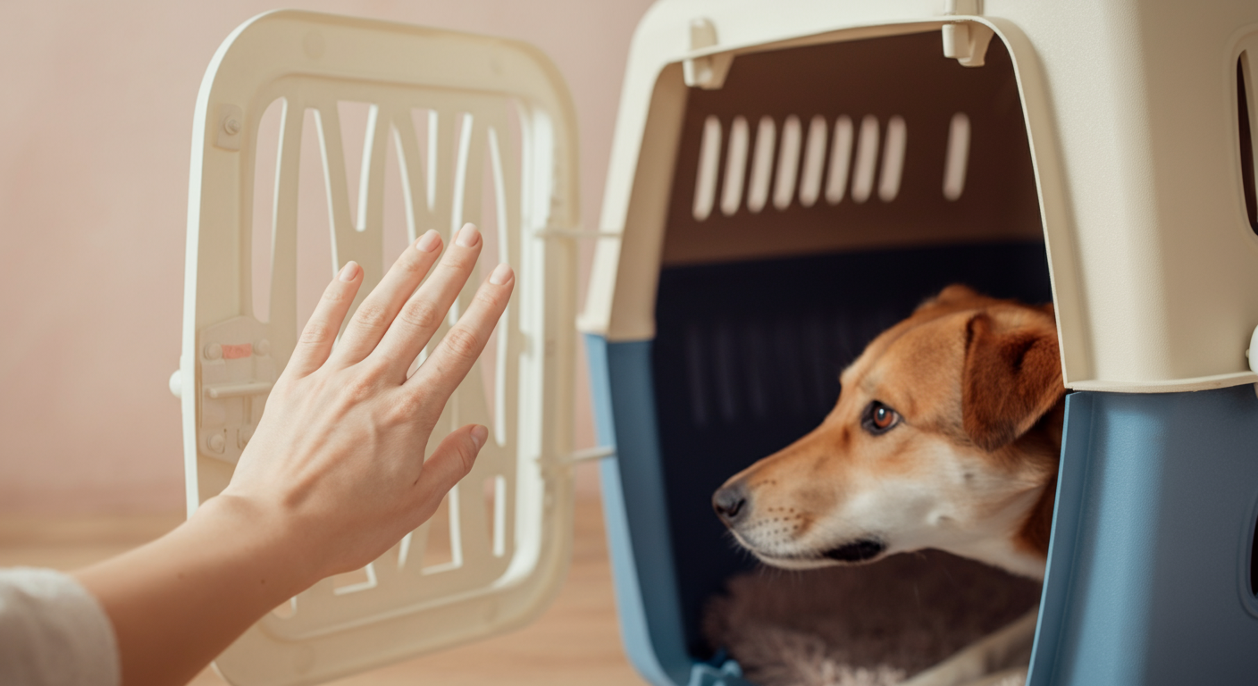 開いたクレートのドアのすぐ外で、一匹の犬が鼻先で匂いを嗅いでいる。人間の手がクレートの上に優しく置かれ、安心感を与えている。