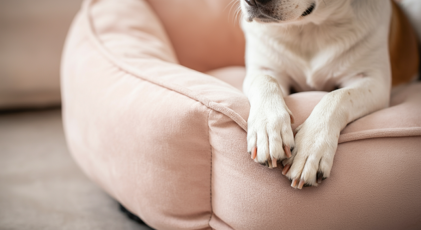 おしゃれな犬用椅子のふちに置かれた犬の足のクローズアップ