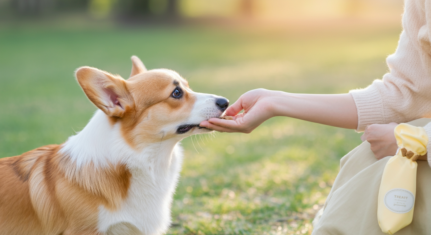 飼い主の手からおやつをもらおうとしているコーギーの鼻先のクローズアップ。背景にはパステルカラーのトリーツポーチがぼんやりと写っている。