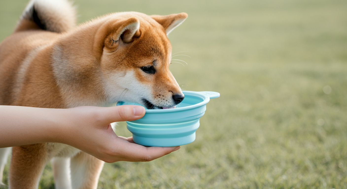 パステルブルーの携帯用シリコンボウルから水を飲む柴犬の子犬。飼い主が優しく手で支えている。