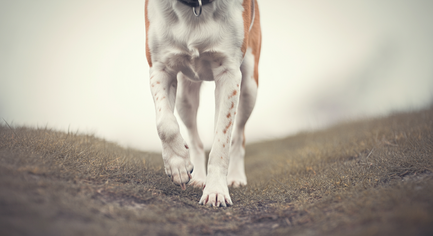 芝生の坂道をゆっくりと、一歩ずつ踏みしめて歩く犬の足元のクローズアップ写真。