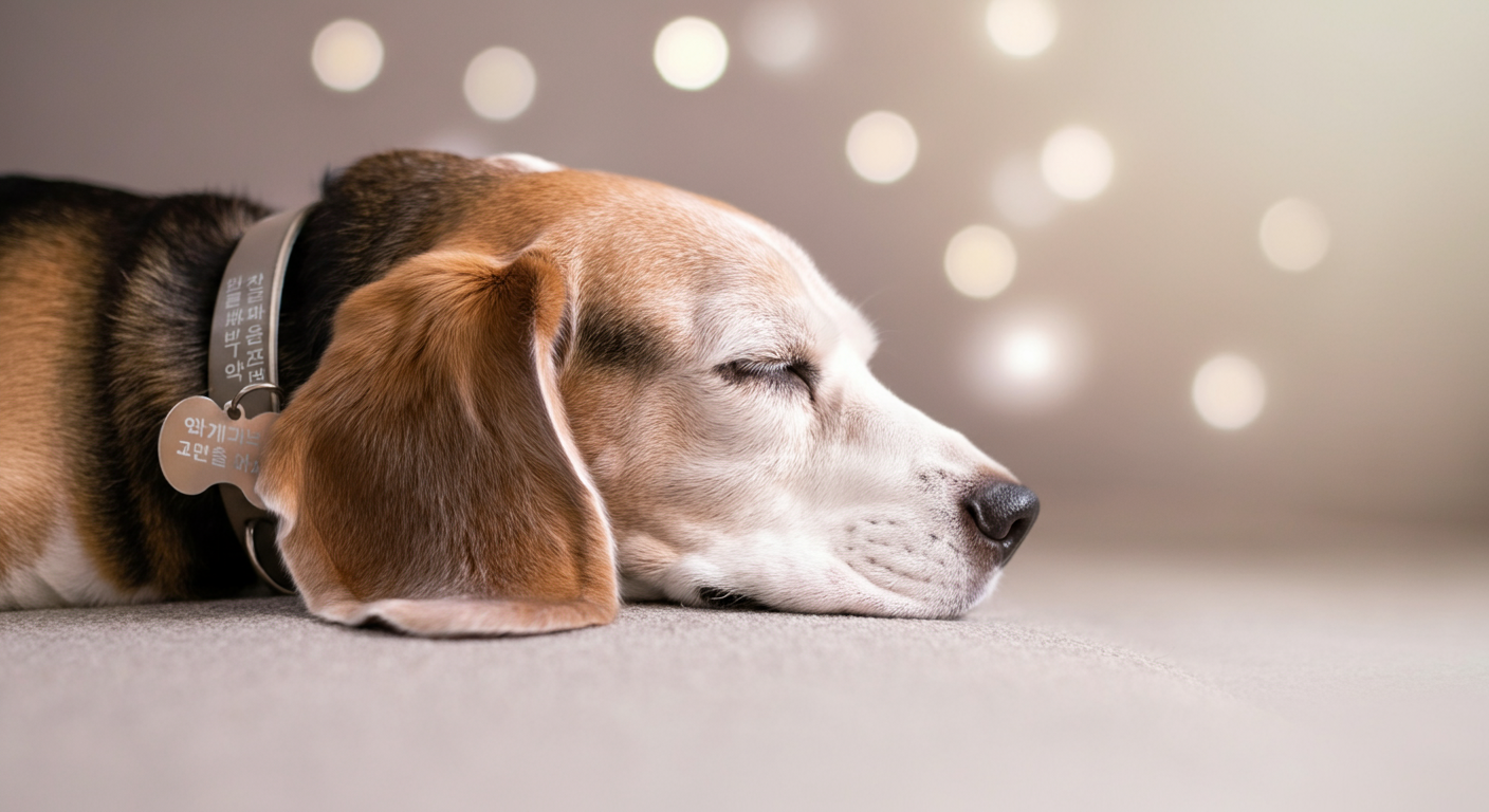 穏やかに眠るシニア犬のビーグル。首輪の迷子札には「シニア犬」「要投薬」といった追加情報が刻まれている。