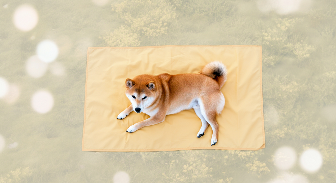 広いライトイエローのレジャーシートの上で、気持ちよさそうに体を伸ばしている柴犬を真上から撮影した写真。