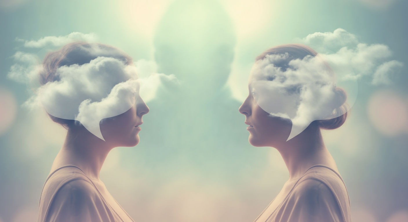 二人の人間のぼやけたシルエットと、雲でできた吹き出し。穏やかなコミュニケーションを表す。