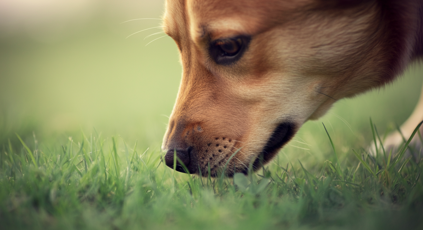 地面の匂いを熱心に嗅いでいる犬の鼻先のクローズアップ。集中と落ち着きを表現している。