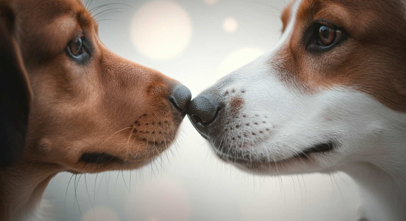 パステルカラーの柔らかな光の中、2匹の犬の鼻先が優しく触れ合う抽象的なマクロ写真。