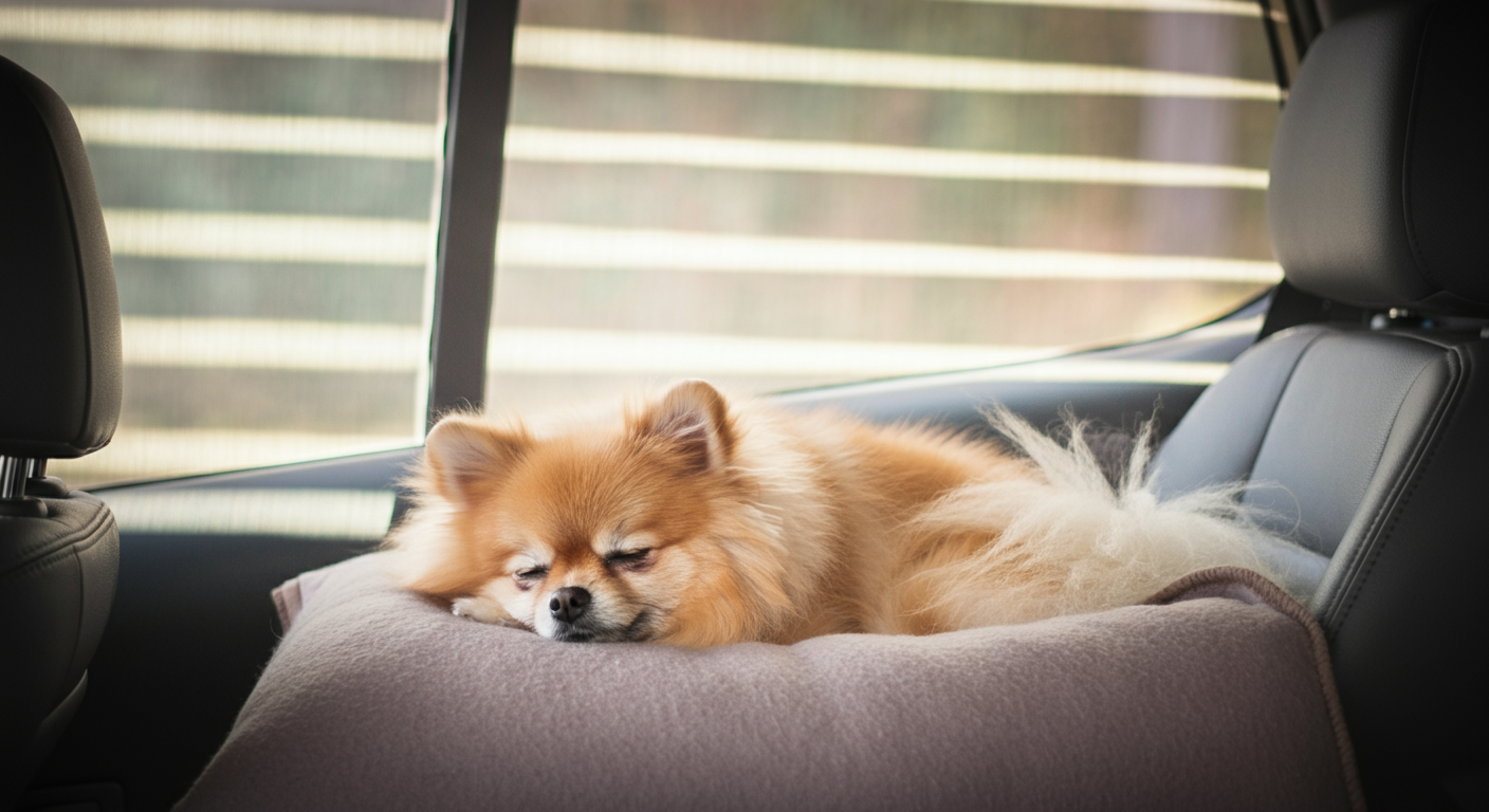 車のサンシェード越しの柔らかな光が、後部座席で眠るポメラニアンを照らしている。