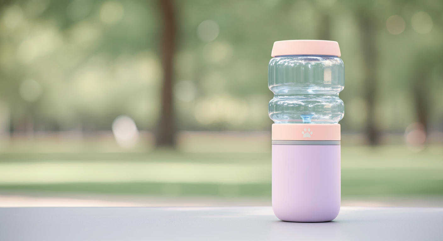 パステルカラーの背景に置かれた、清潔感のある犬用給水ボトル。