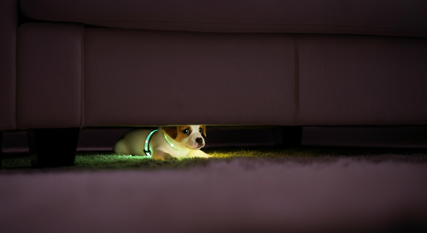 ソファの下から、犬用ライトの光がぼんやりと漏れている