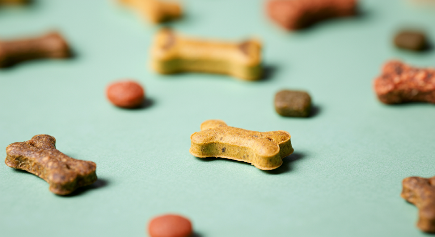 パステルカラーの背景に散らばった、数種類の小さなドッグトリーツのミニマルな写真。