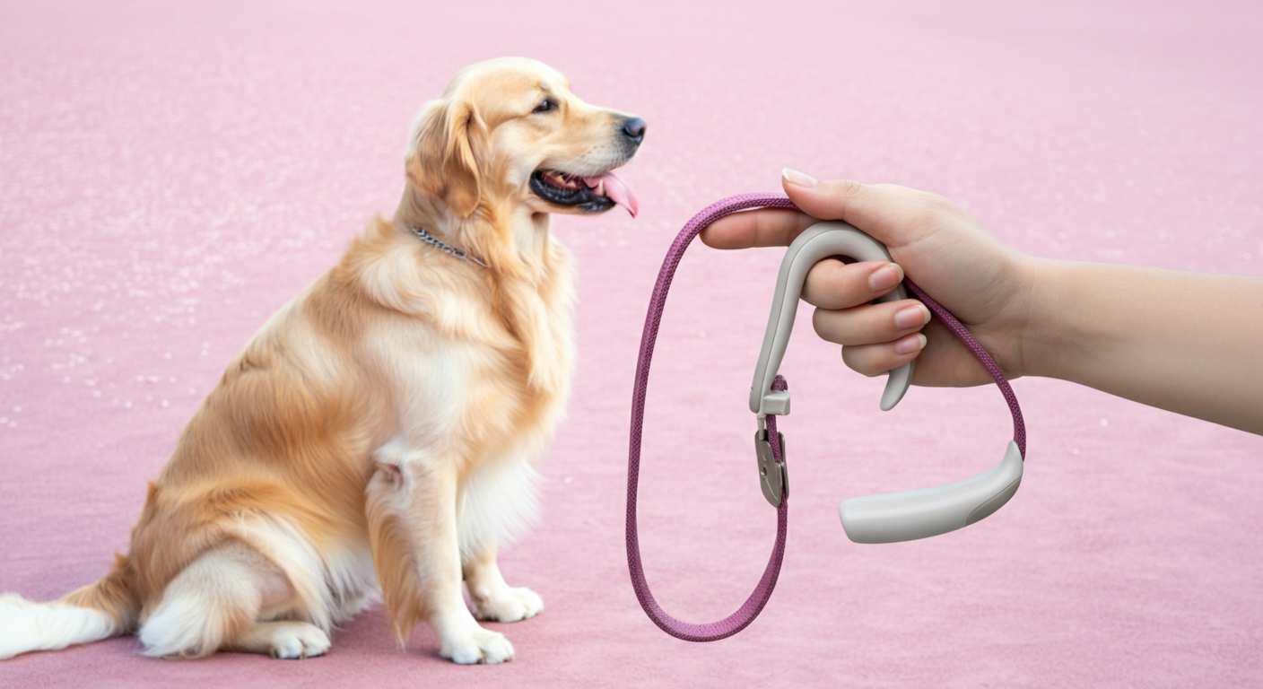落ち着いて座るゴールデンレトリバーの横で、飼い主がリラックスしてリードを握っている手元