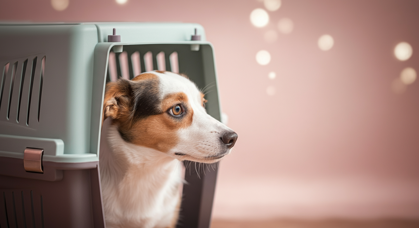 クレートの中から、一匹の犬がメッシュのドア越しに注意深く外を覗いている。その目に焦点が合っている。