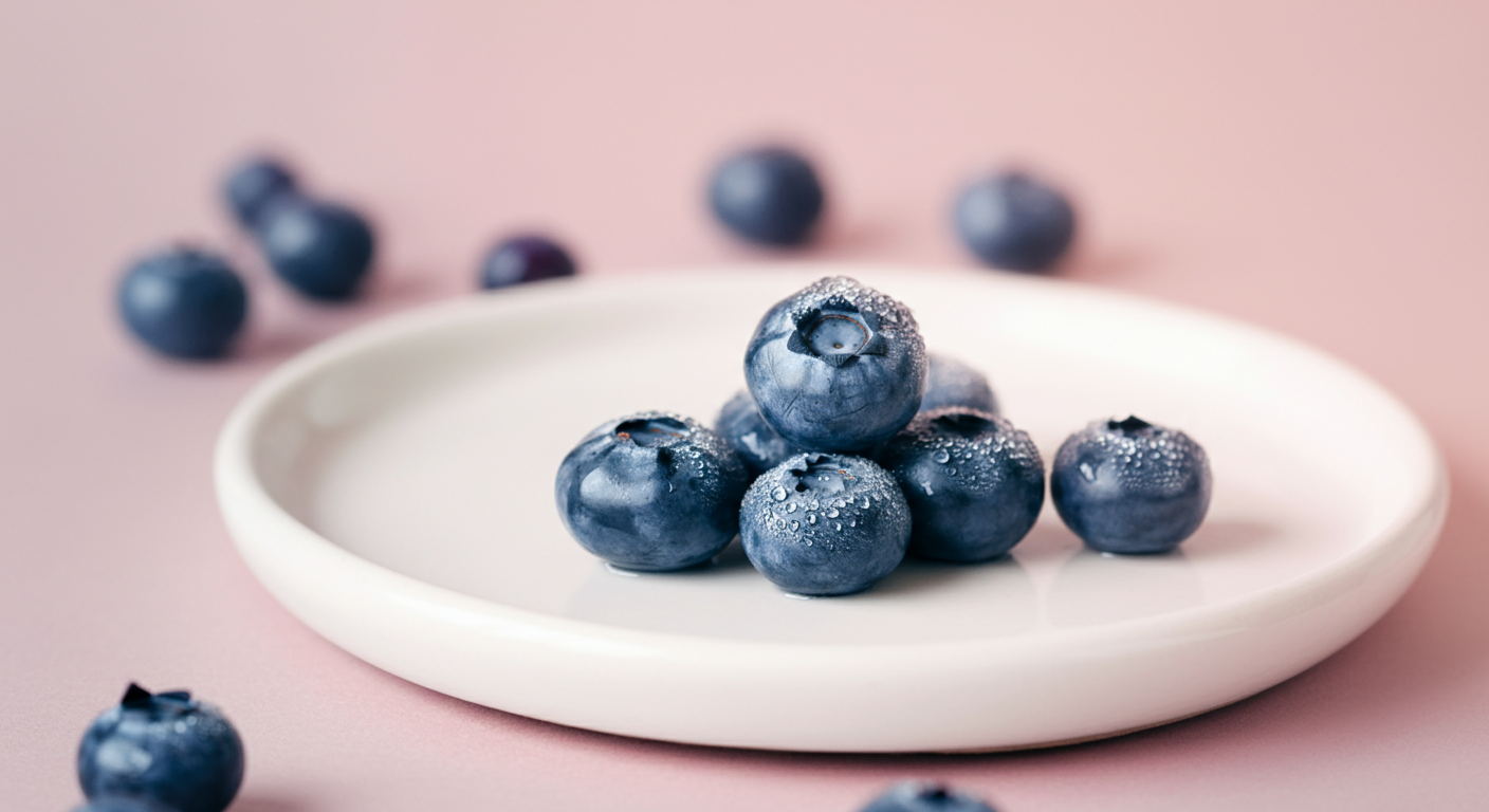 抗酸化物質を象徴する、みずみずしいブルーベリーが置かれたお皿のクローズアップ写真