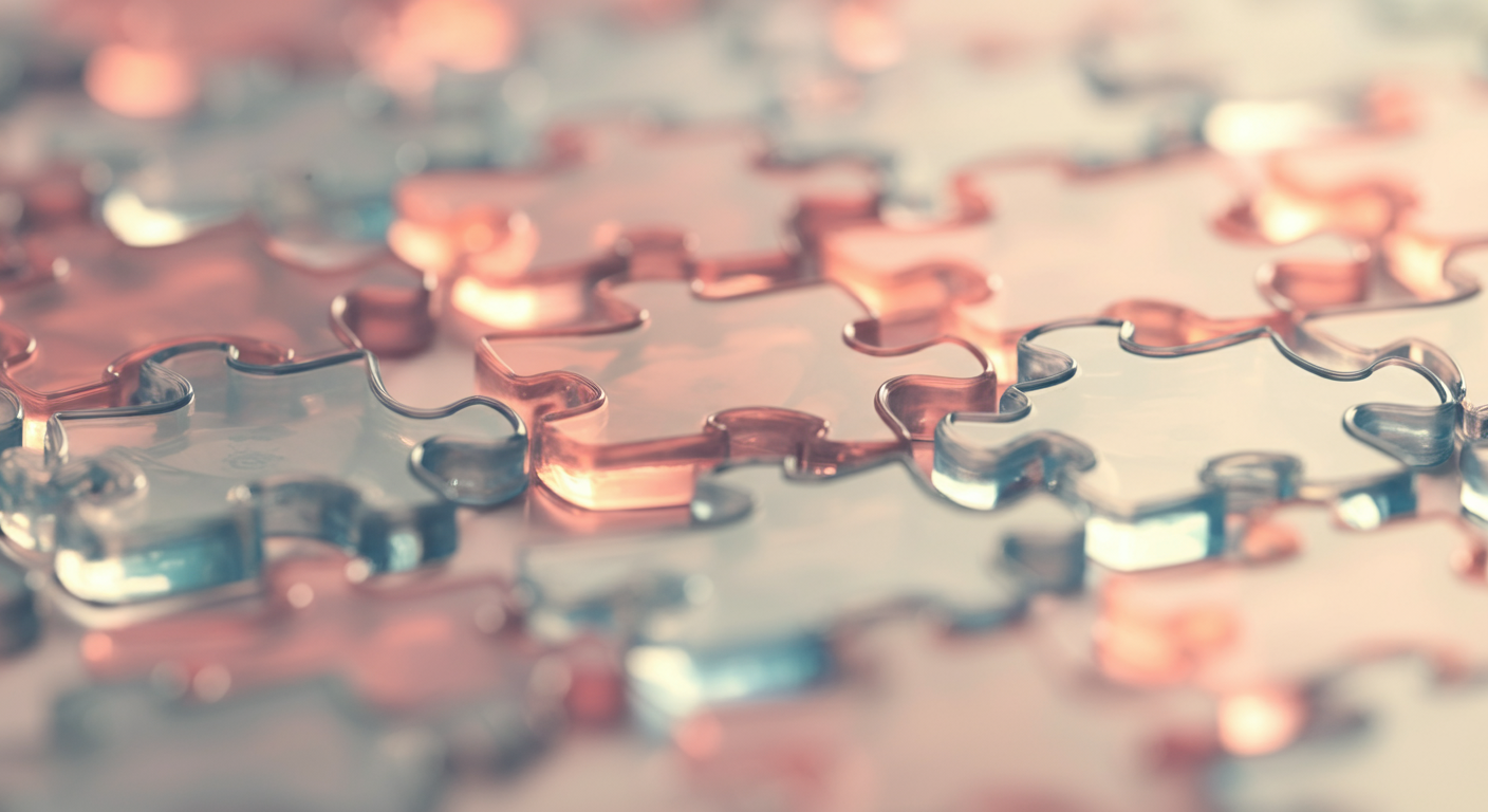 半透明の素材でできたパズルのピースが組み合わさっている様子のマクロ撮影