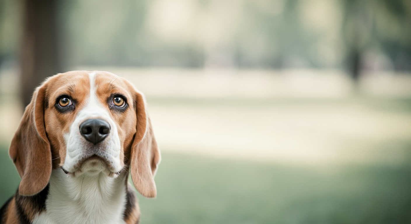 ビーグルの注意深い瞳に焦点を当てた抽象的なクローズアップ写真。背景は柔らかくぼけている。
