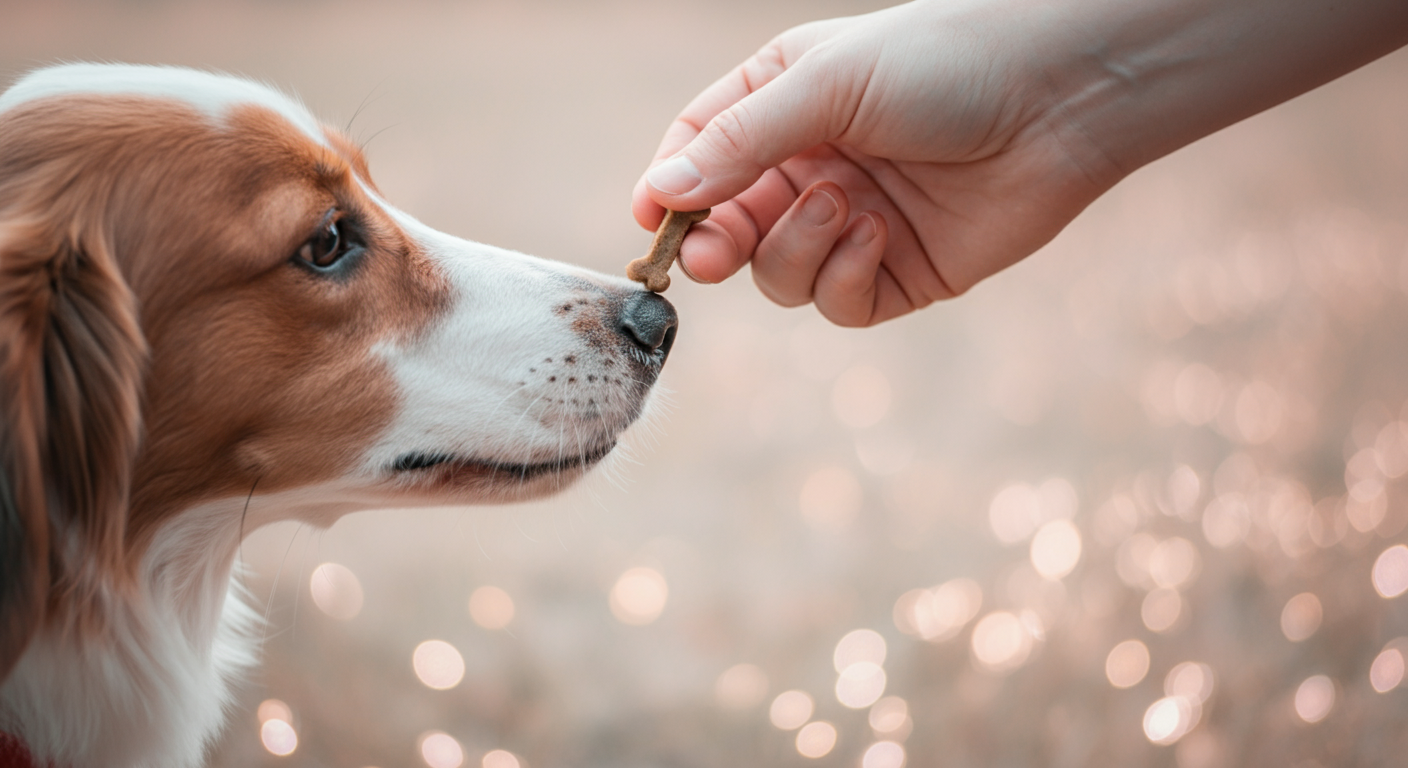 飼い主の手から、特別なオヤツを優しく受け取る犬