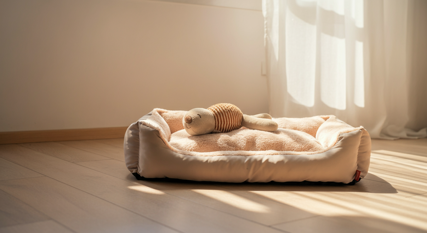 日当たりの良い場所に置かれたパステルカラーの快適なドッグベッドと一つのおもちゃ。