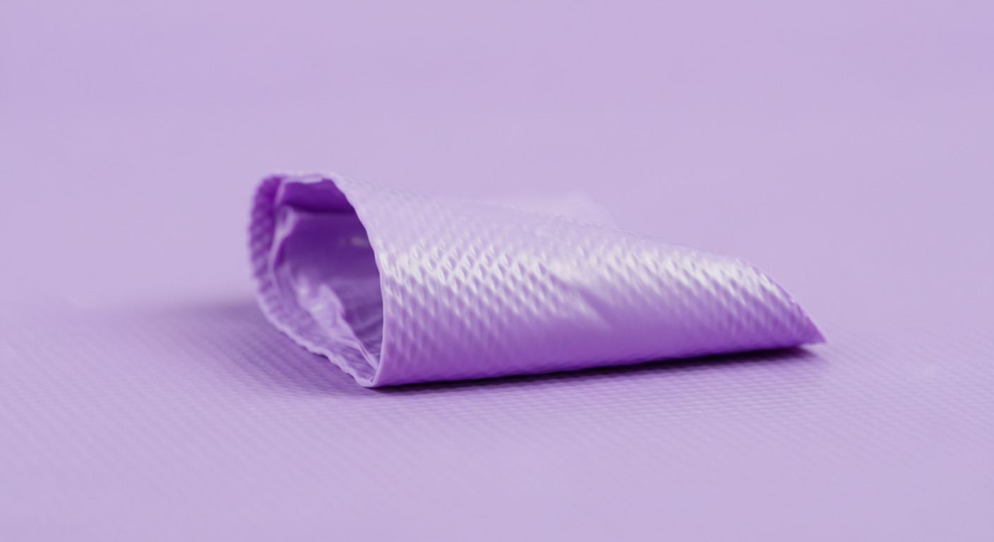 ラベンダー色の高品質なうんち袋の表面の質感を捉えたマクロ撮影写真。