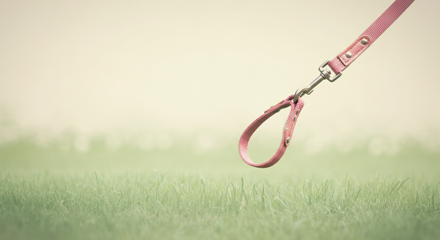 緑の芝生の上に、フックが外されたリードの先端が優雅に落ちていく瞬間を捉えた抽象的な写真。