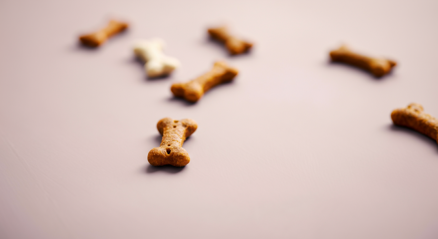 パステルカラーの床に散らばった数個の犬用おやつ。犬の気をそらすテクニックを表現している。