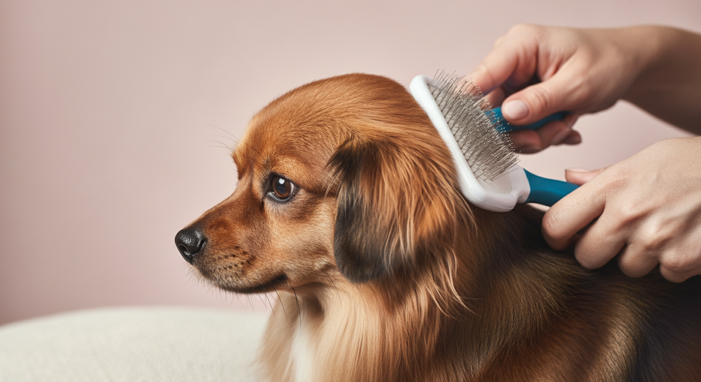 ブラシで優しくブラッシングされている犬の光沢のある毛並み