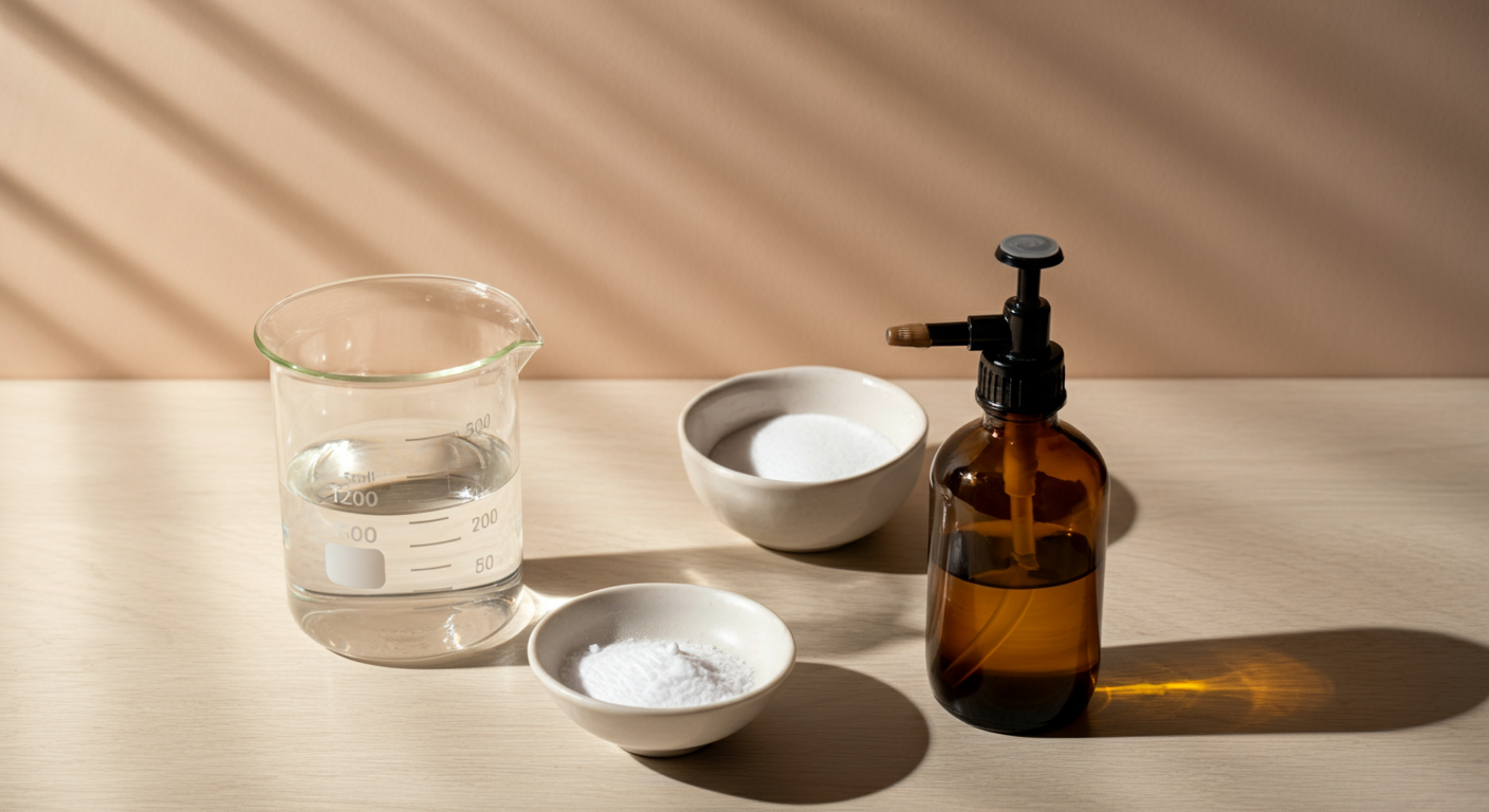 ガラスのビーカー、白い粉が入ったボウル、そして茶色のガラス製スプレーボトルが、明るい色の木のテーブルの上に並べられている。