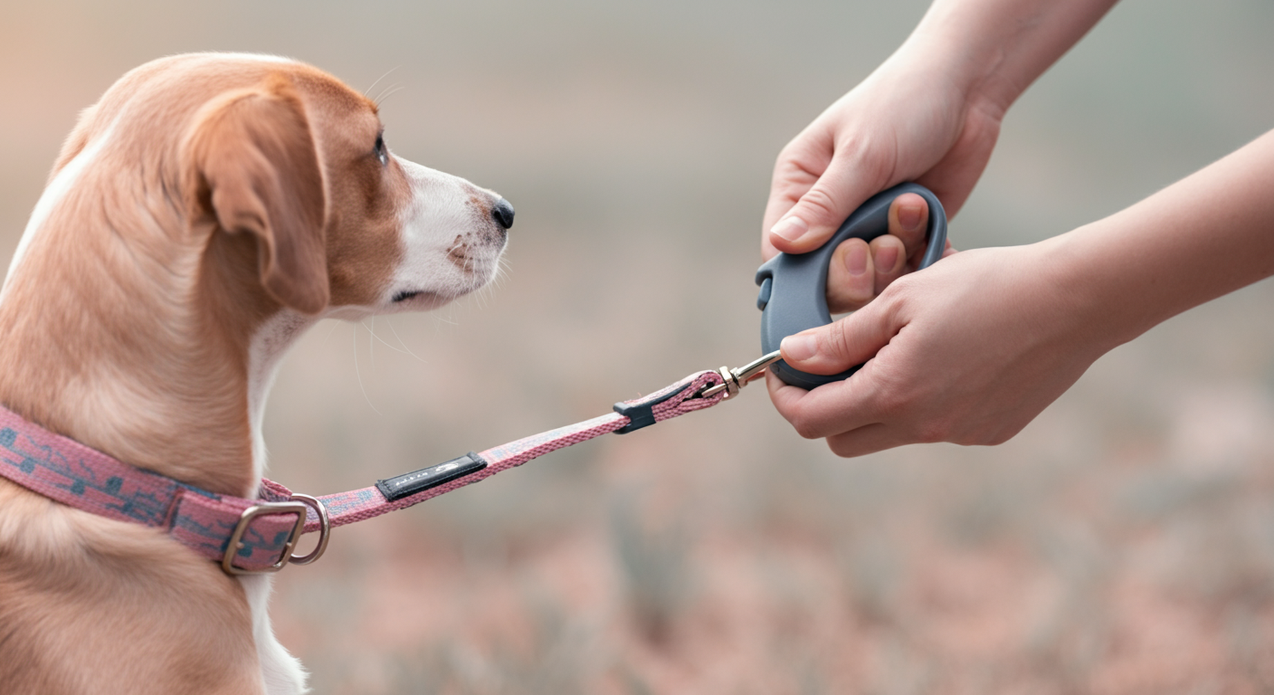 犬の首輪にリードを装着する瞬間の留め具のクローズアップ。安全と繋がりを象徴する抽象的な写真。