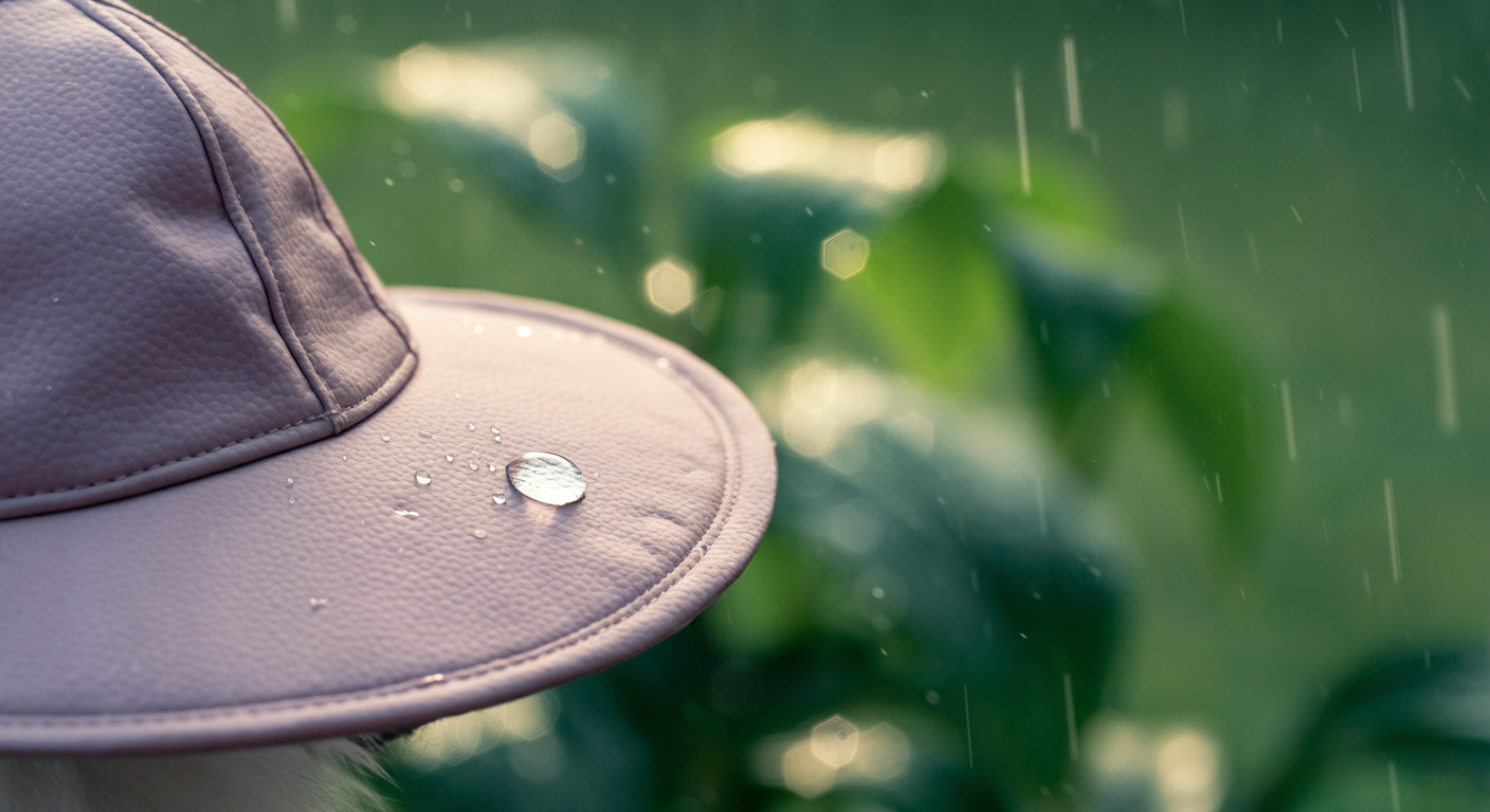 雨粒を弾いている撥水性の犬用UVハットの表面のクローズアップ。背景は雨に濡れた葉。