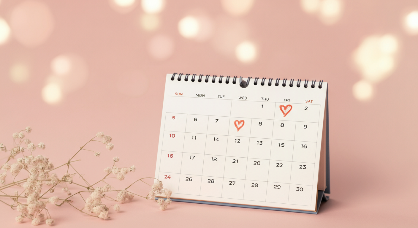 一週間のすべての日付にハートマークが描かれた、ミニマルなデザインのカレンダー。