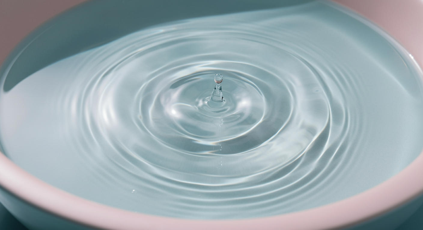 パステルカラーのボウルに入った水面に、中心からゆっくりと広がる波紋のクローズアップ写真。
