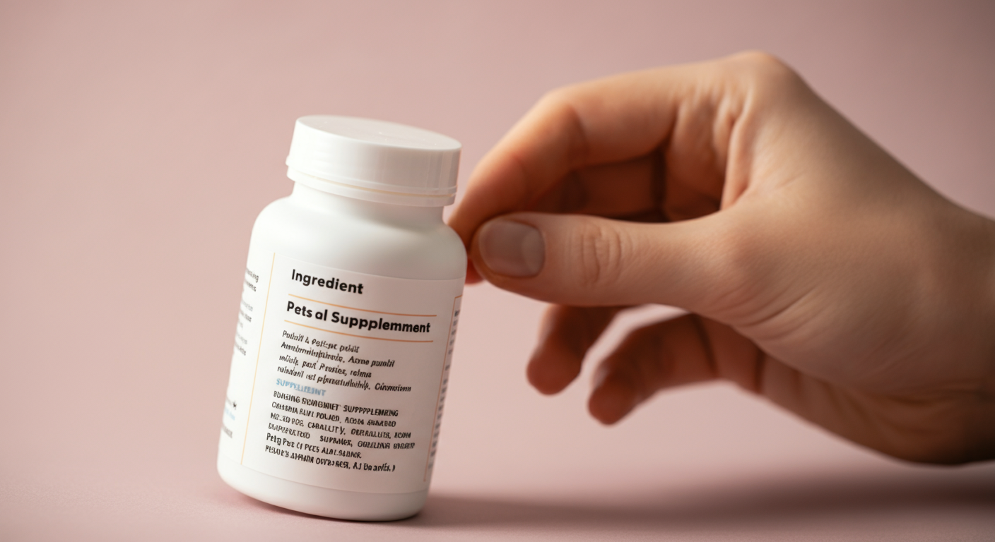 ペット用サプリメントのボトルの成分表示ラベルを、注意深く読んでいる人の手元。