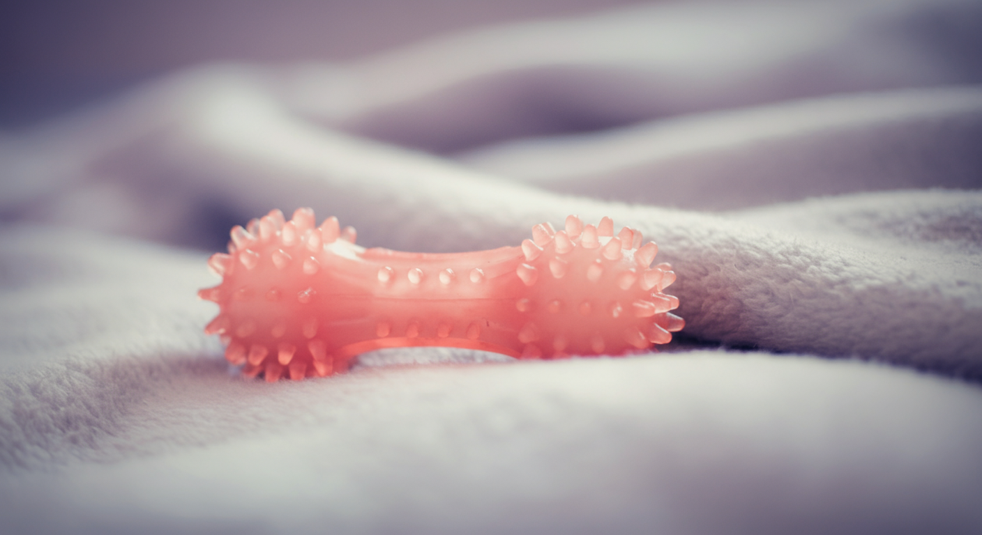 柔らかいブランケットの上に置かれた、犬のお気に入りのおもちゃのマクロ撮影。背景は美しくぼけている。