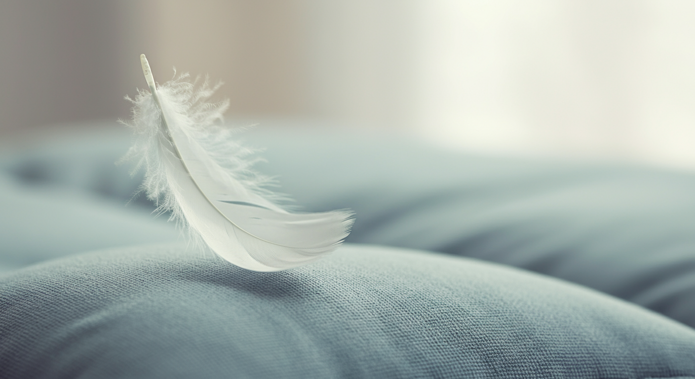 淡いブルーのクッションの上に、白い羽根がゆっくりと舞い降りる瞬間の抽象的な写真。