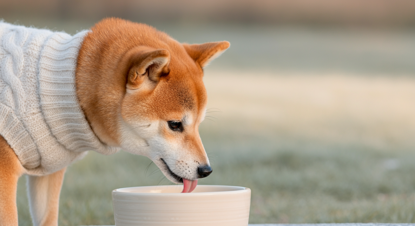 セーターを着た柴犬がクリーム色のボウルから水を飲んでいる、冬の朝のような写真