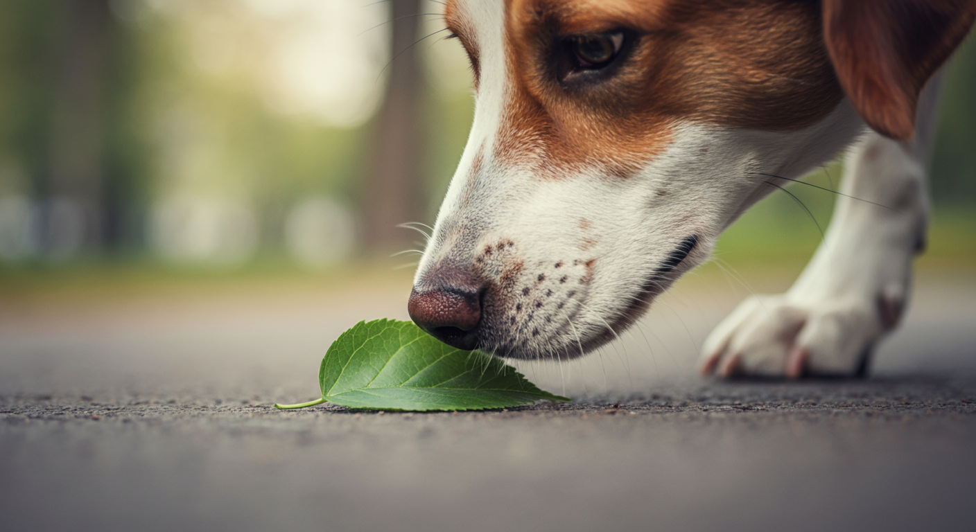 地面に落ちた葉の匂いを嗅いでいる犬の鼻先のクローズアップ。背景はパステル調にぼけている。
