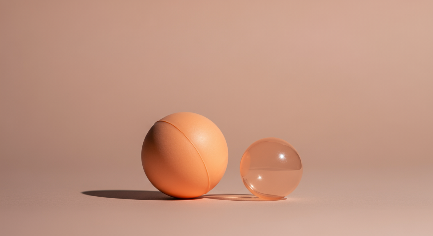 一体成型の丈夫なゴムボールと、継ぎ目のある中空のプラスチックボールを対比させた写真。