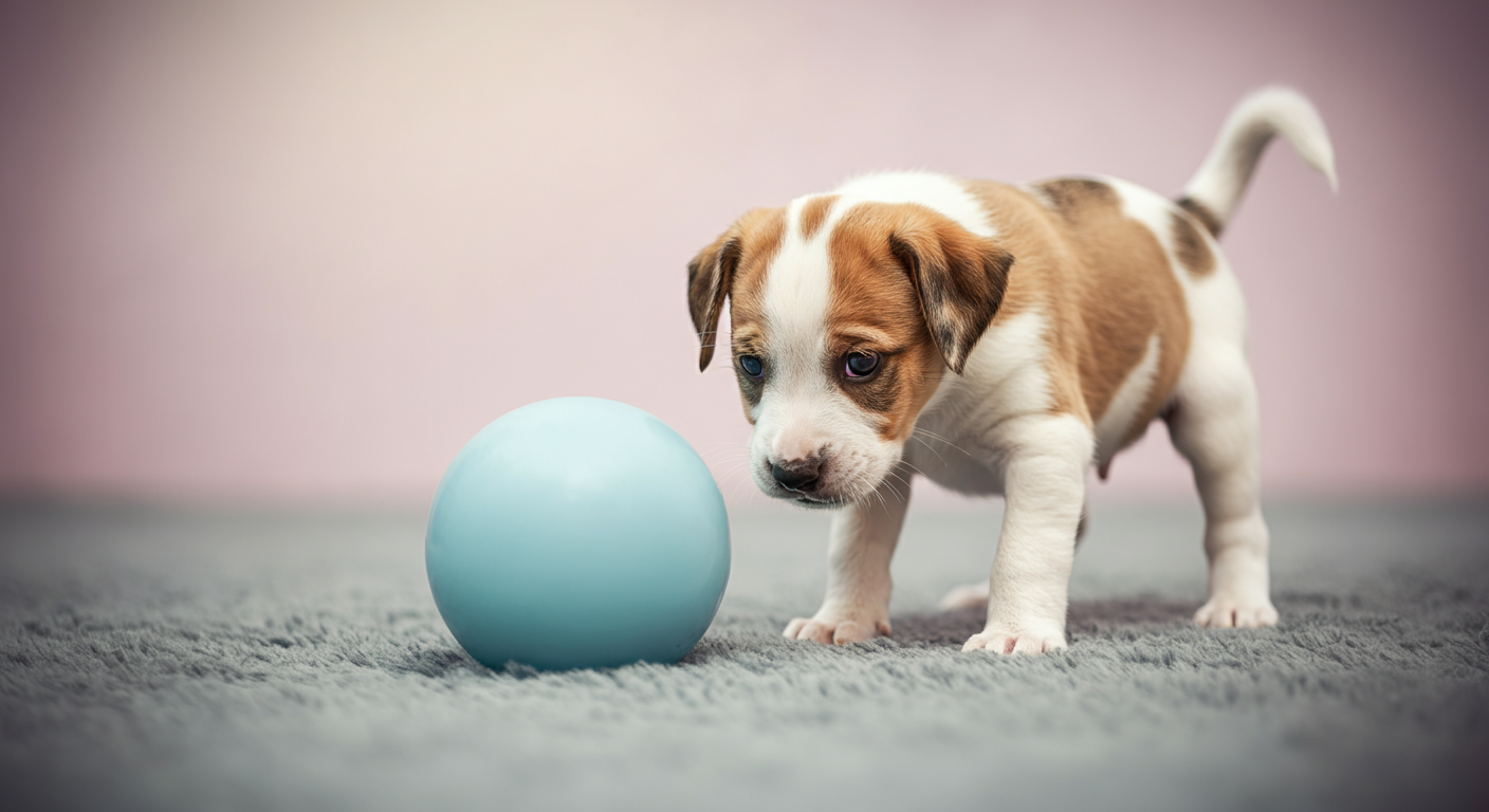 パステルカラーの大きなボールの匂いを、好奇心旺盛に嗅いでいる一匹の子犬。