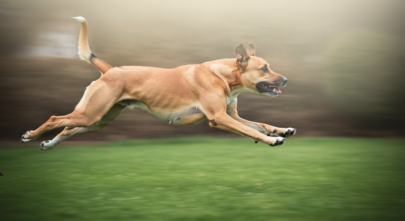 芝生の上を走る犬の脚の筋肉を、動きとともに捉えた抽象的なアート写真。