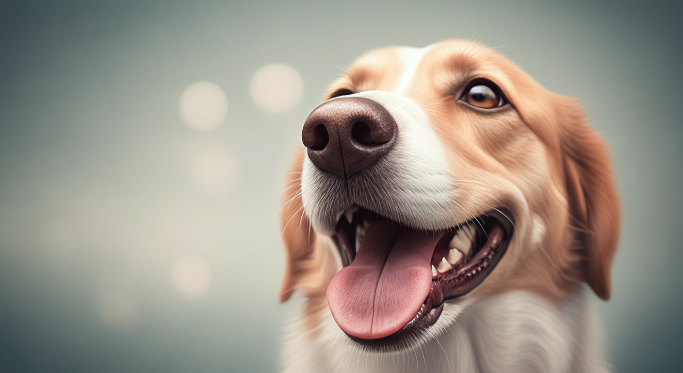 楽しそうに舌を出してハァハァしている、一匹の犬の口元と鼻のクローズアップ。