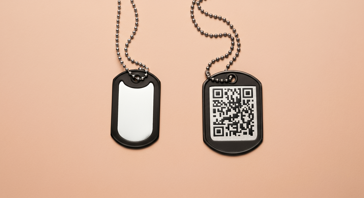クラシックな金属製とモダンなQRコード付きの2種類の迷子札が、並べて置かれている抽象的な構図。